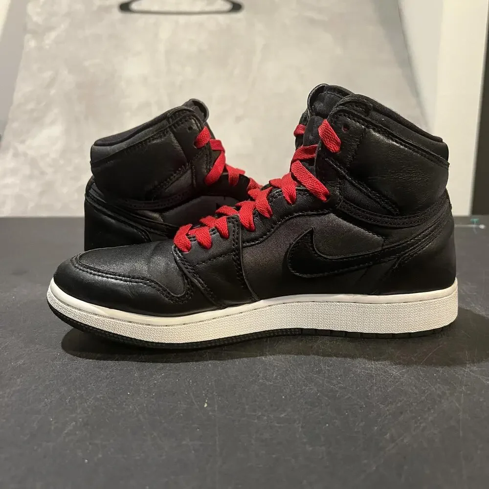 Nike Air Jordan 1 Mid Shoes Youth 6Y Black Satin Gym Red GS Sneakers